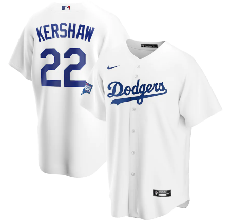 Men's Los Angeles Dodgers #22 Clayton Kershaw White 2020 World Series Champions Home Patch Cool Base Stitched Jersey